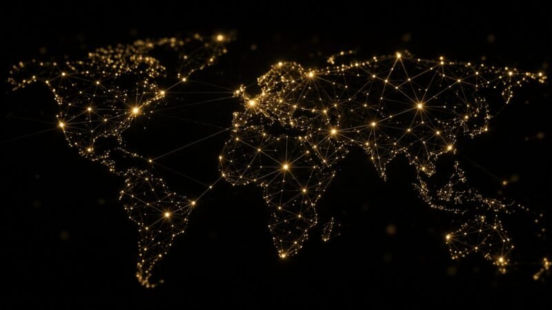 Ilustração da nova elite global formada pela inteligência artificial em ambiente corporativo
