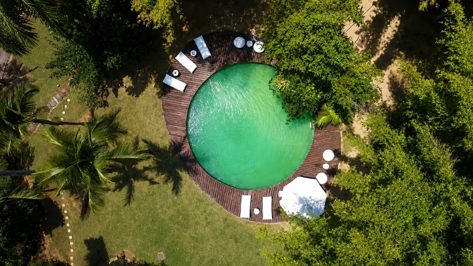 Vista aérea de piscina circular cercada por jardim tropical