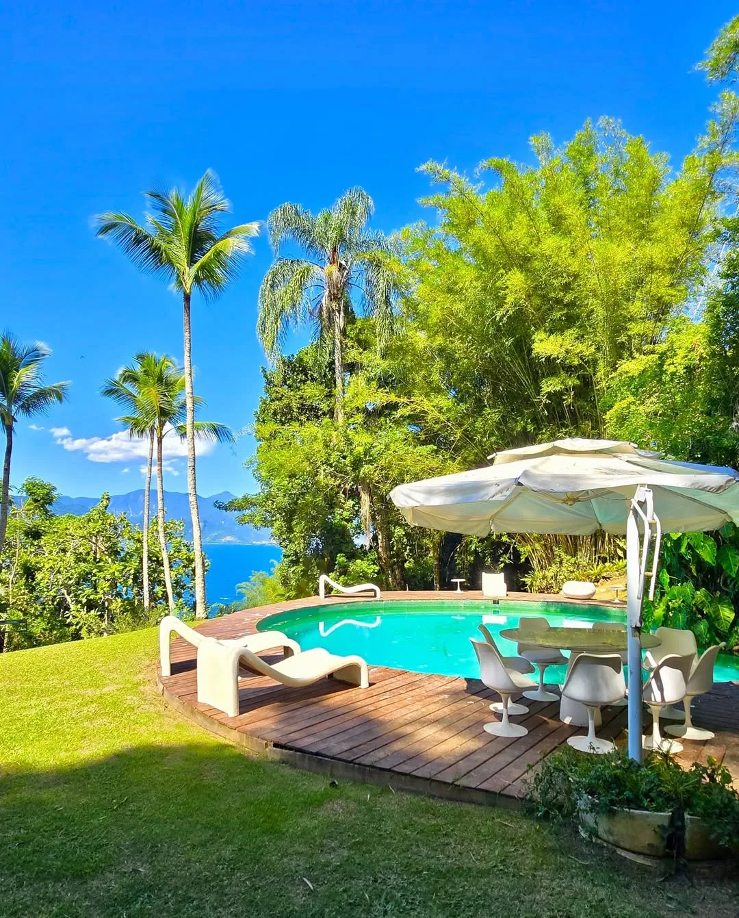 Piscina com vista para o mar cercada por palmeiras
