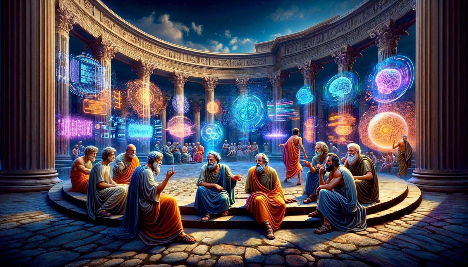Ilustração de filósofos reunidos em um salão clássico com hologramas futuristas ao fundo