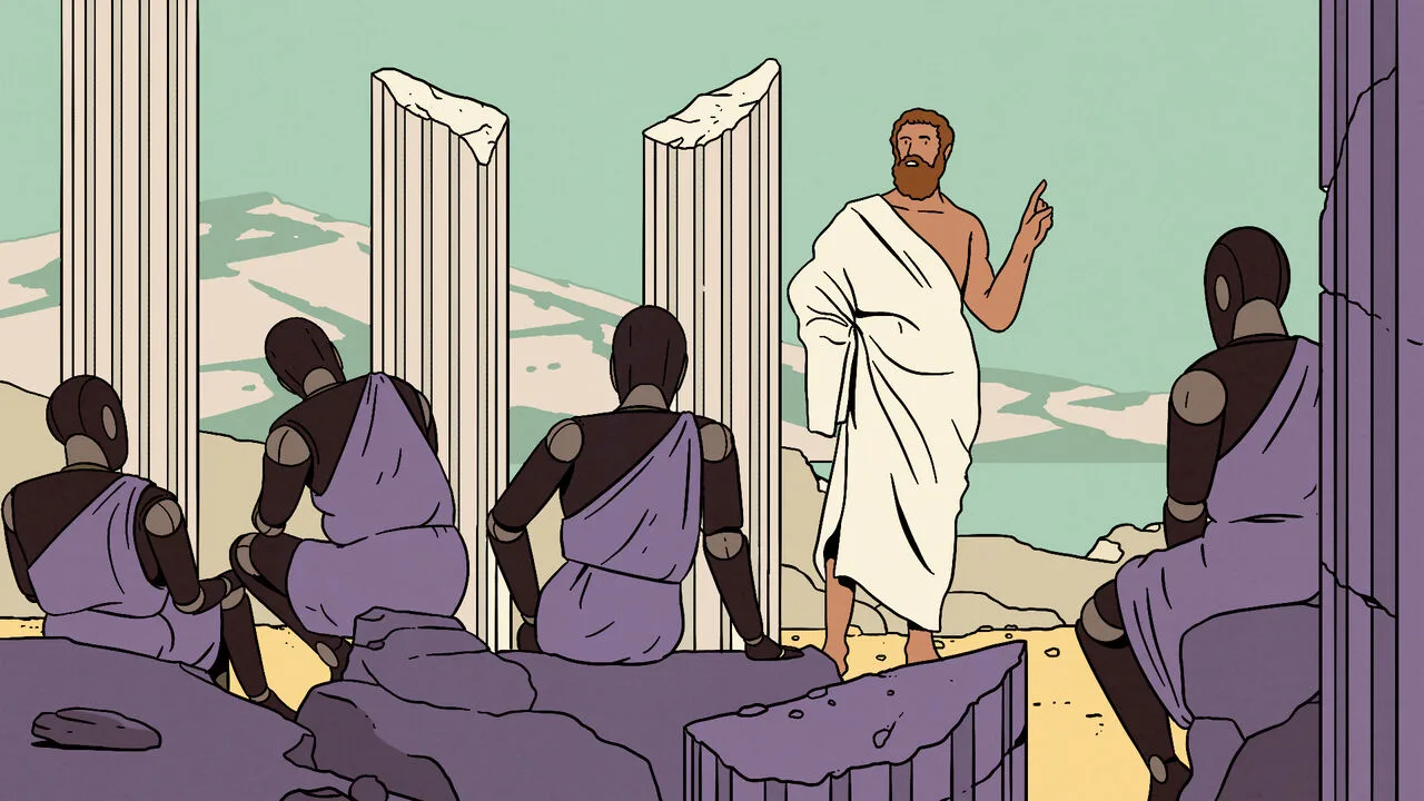 Ilustração de filósofo grego antigo ensinando grupo de robôs entre colunas em ruínas