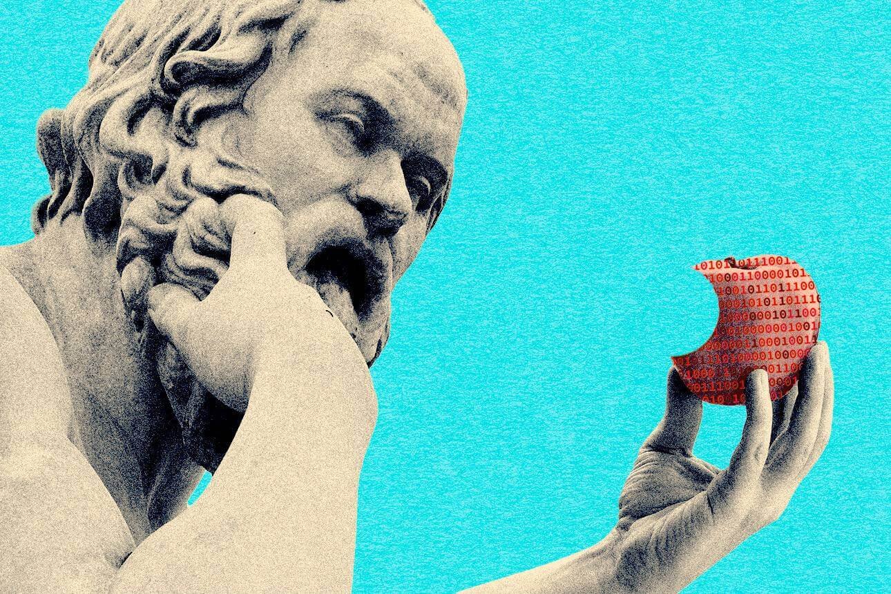 Estátua clássica de Sócrates mordendo uma maçã estampada com código binário
