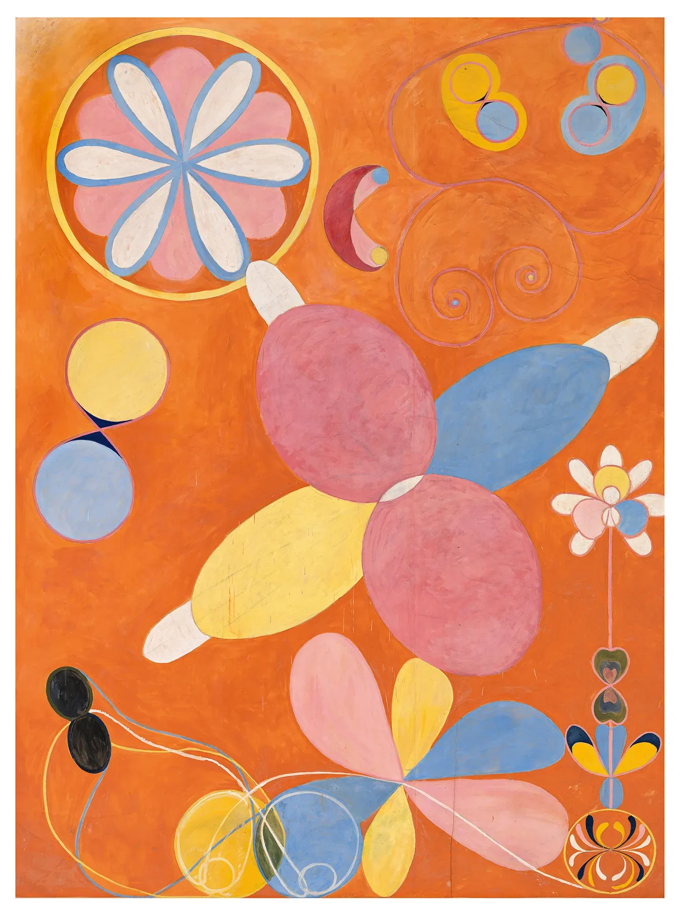 Tela de Hilma af Klint com espirais e formas geométricas coloridas