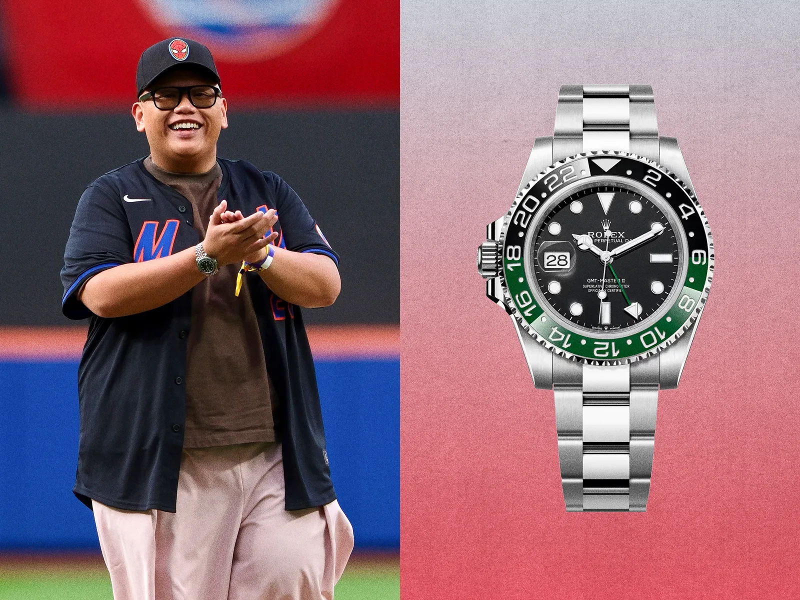 Jacob Batalon usa Rolex GMT-Master II Sprite antes de jogo de beisebol