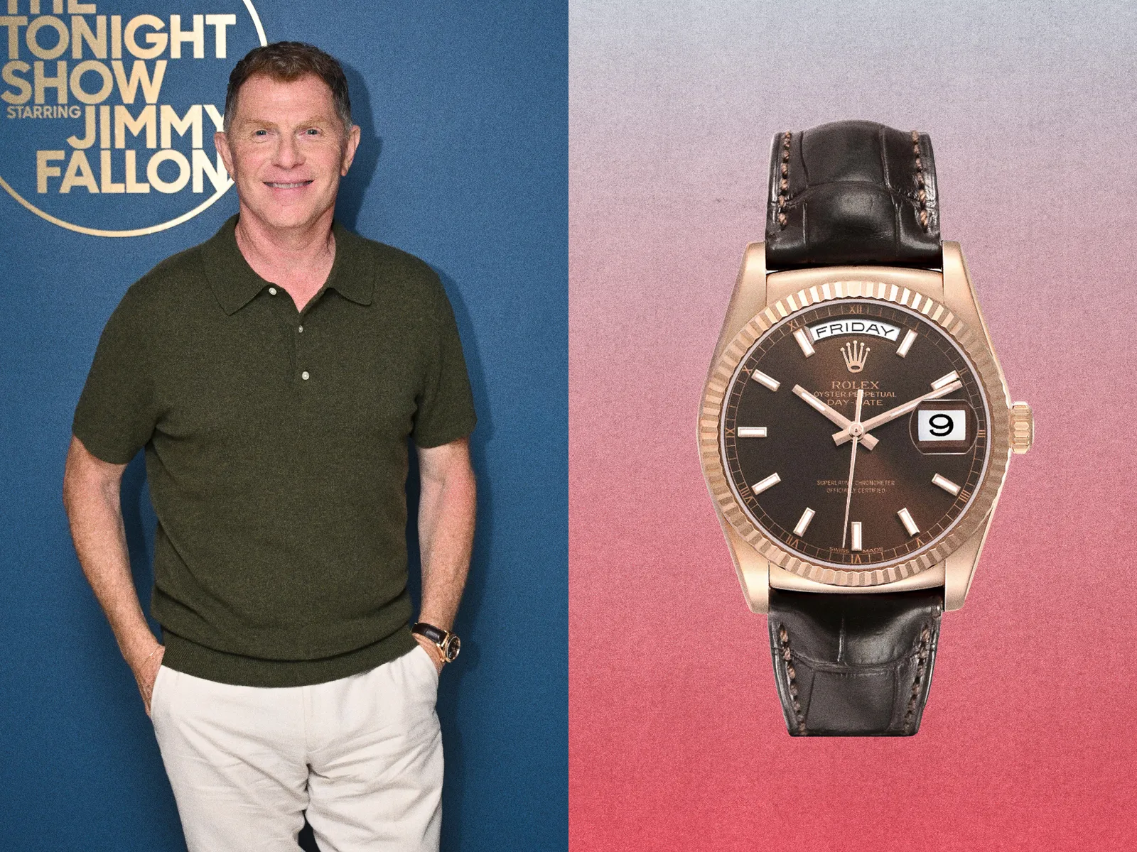 Bobby Flay usa Rolex Day-Date em ouro rosa com pulseira de couro