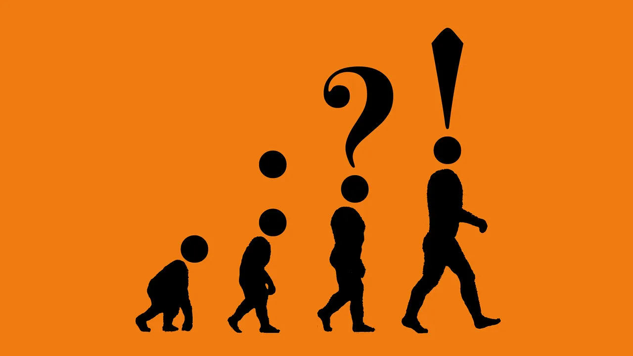 Ilustração da evolução humana com cabeças em forma de sinais de pontuação