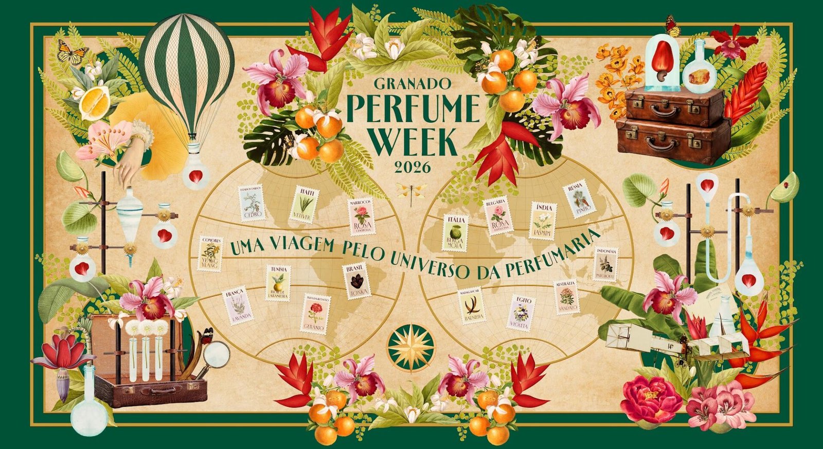 Ilustração do mapa da Granado Perfume Week com balão, frascos, flores e frutas