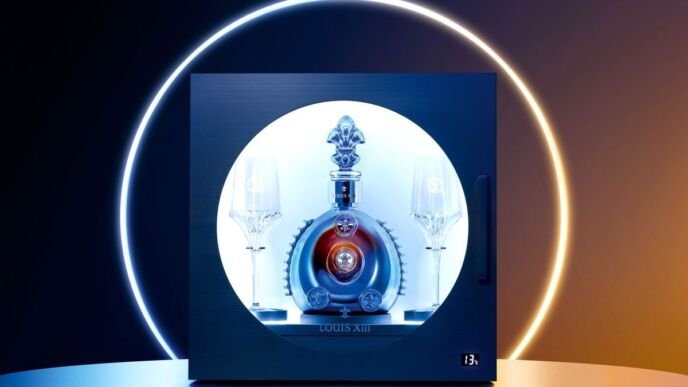 Caixa de apresentação retroiluminada da Louis XIII Black Pearl, com o decanter e duas taças em um nicho circular iluminado e um mostrador digital indicando 13 °C.