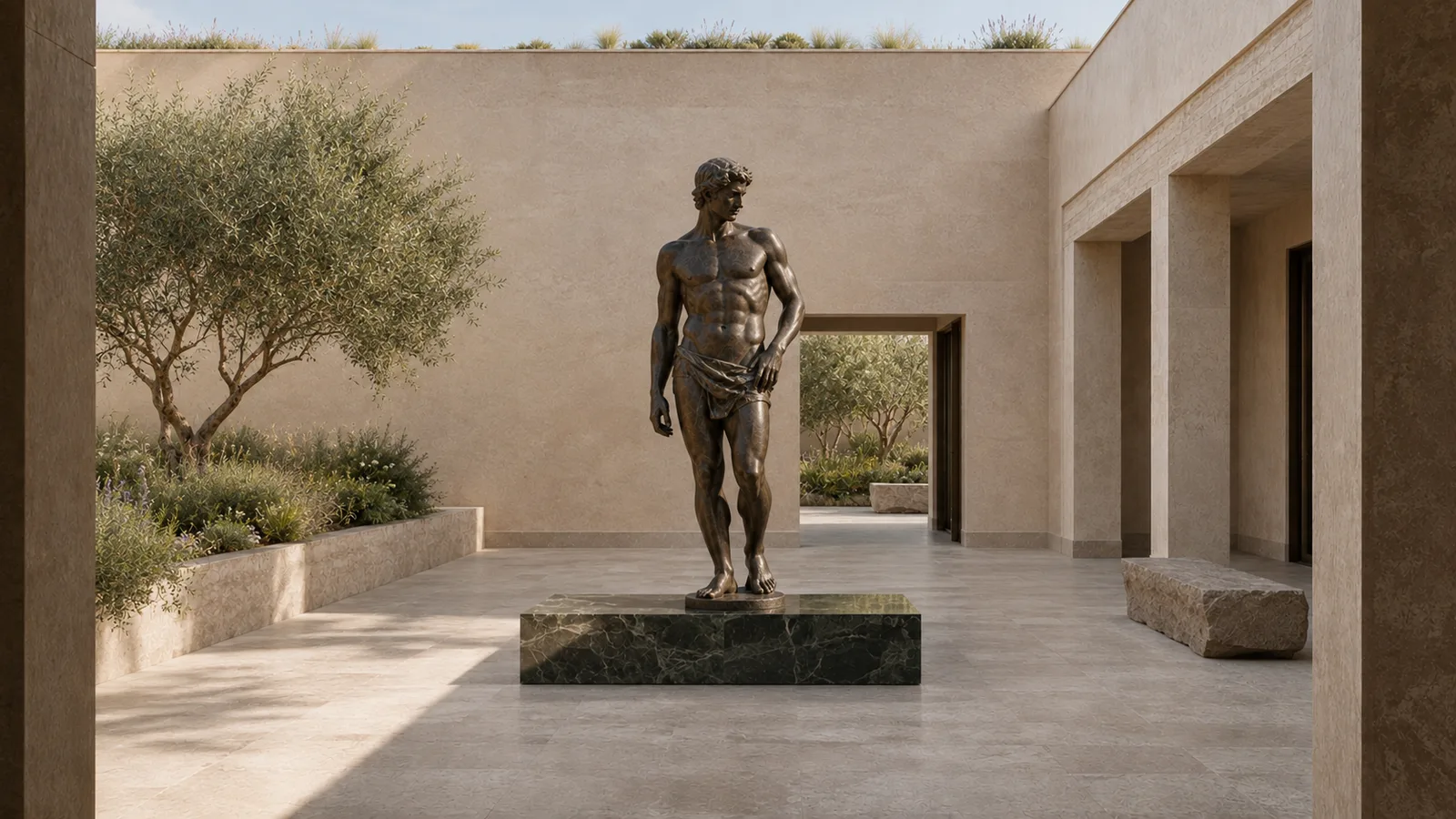 Figura de bronze sobre pedestal de mármore verde em pátio de pedra com oliveira
