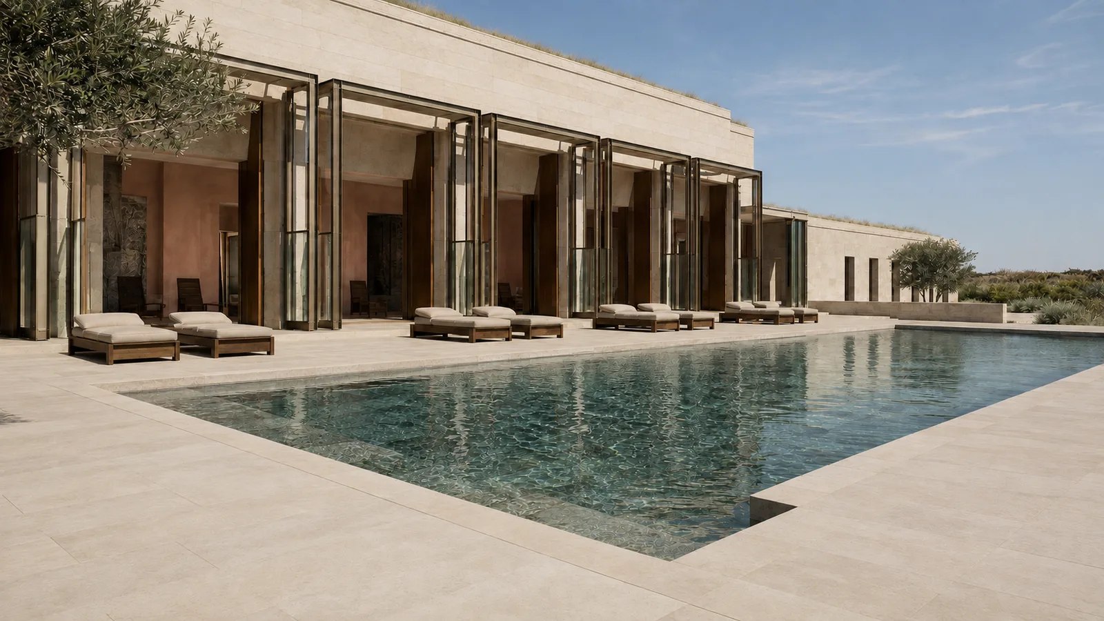Terraço de pedra e piscina longa diante de colunata com portas de bronze