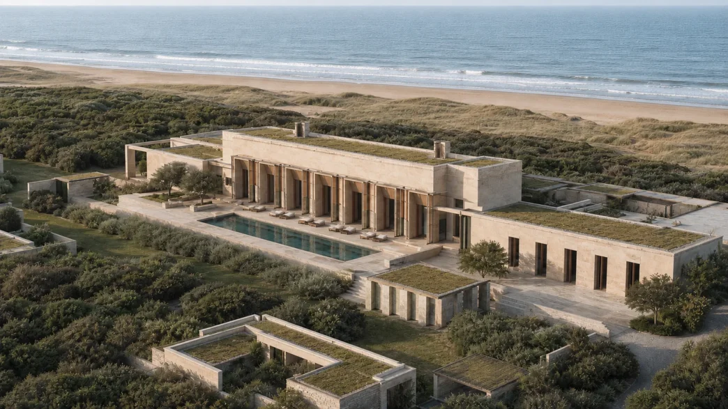 Estudo de conceito do resort da Praxis entre dunas, diante do Rio da Prata
