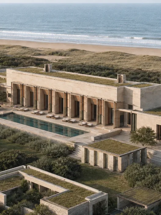 Estudo de conceito do resort da Praxis entre dunas, diante do Rio da Prata