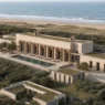 Estudo de conceito do resort da Praxis entre dunas, diante do Rio da Prata