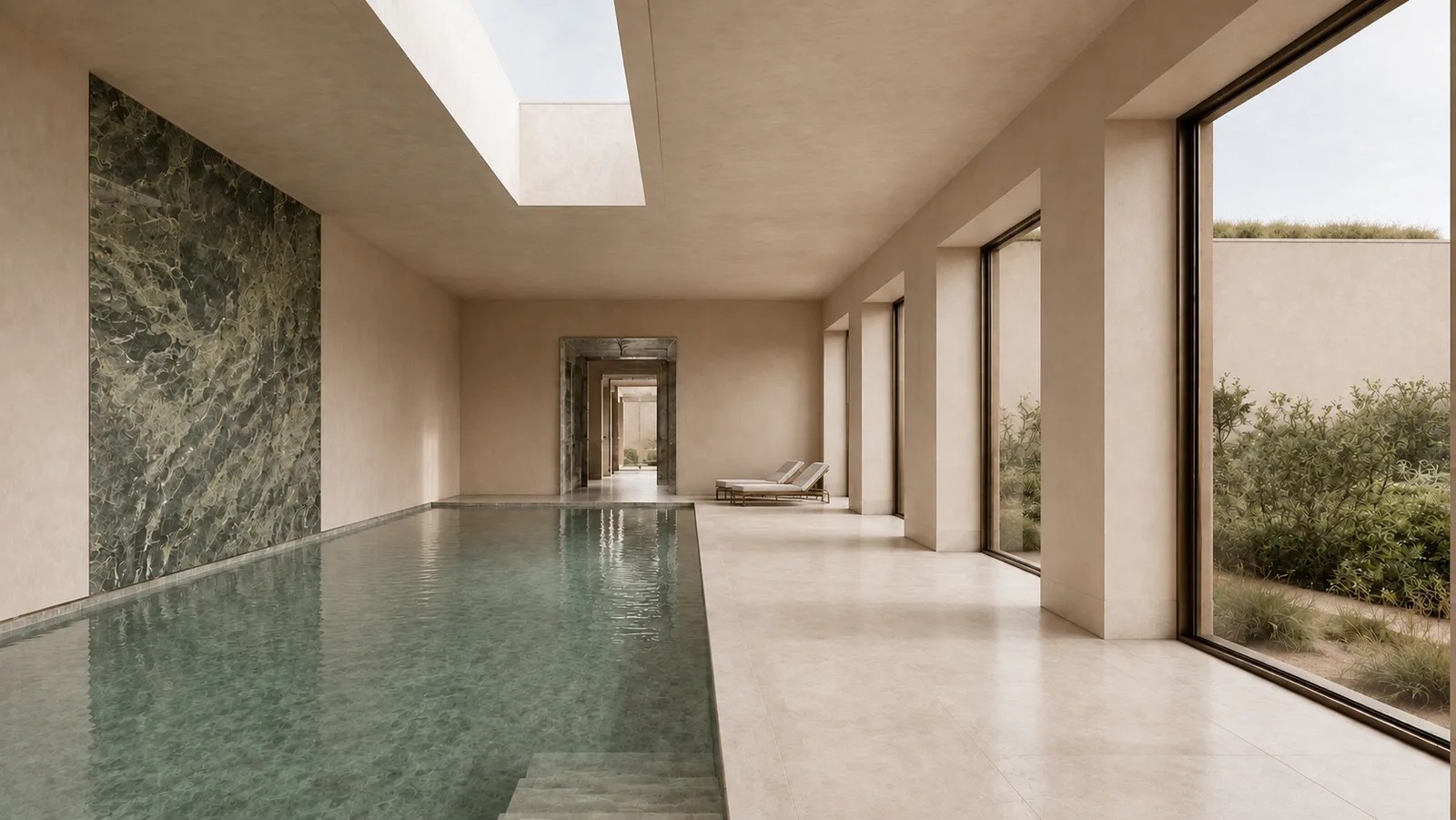 Piscina coberta do spa sob claraboia, com parede de mármore verde e janelas para o jardim