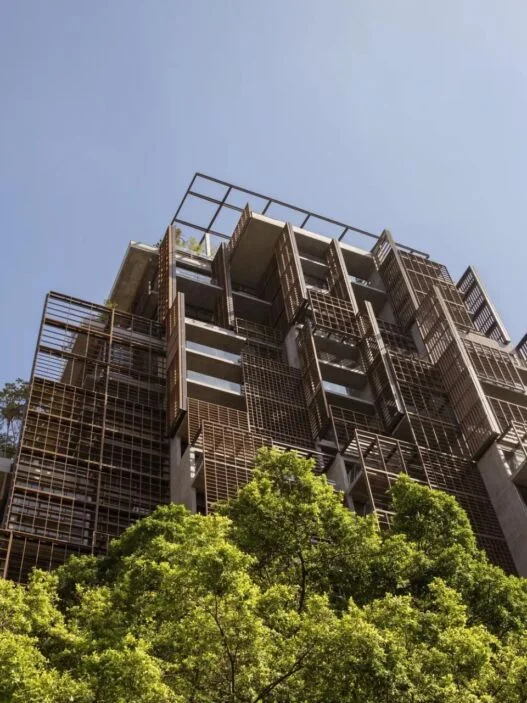 A Torre Mata Atlântica, de Jean Nouvel, vista de baixo, com as treliças de madeira da fachada acima das copas das árvores