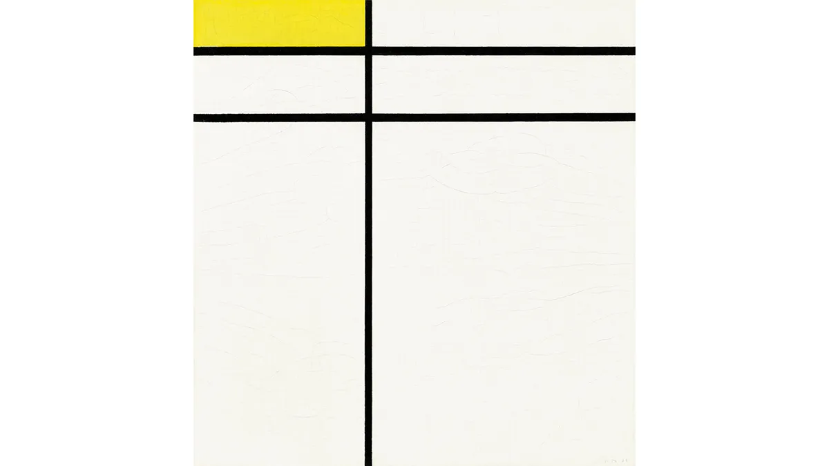 Composição abstrata de Piet Mondrian com linhas duplas e bloco amarelo
