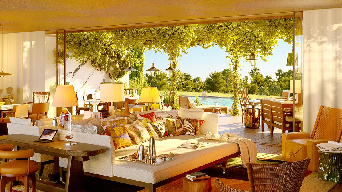 Renderização de vila projetada por Philippe Starck em Portugal