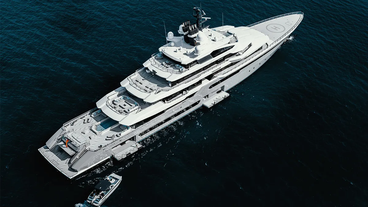 Vista externa do superiate híbrido Leviathan da Oceanco