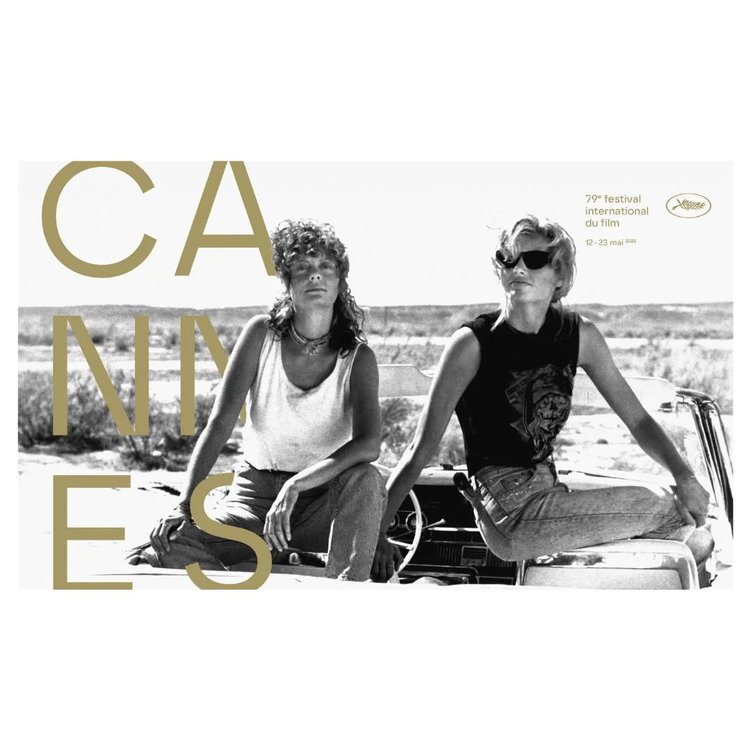 Cartaz oficial do Festival de Cannes 2026, com Geena Davis e Susan Sarandon no set de Thelma & Louise
