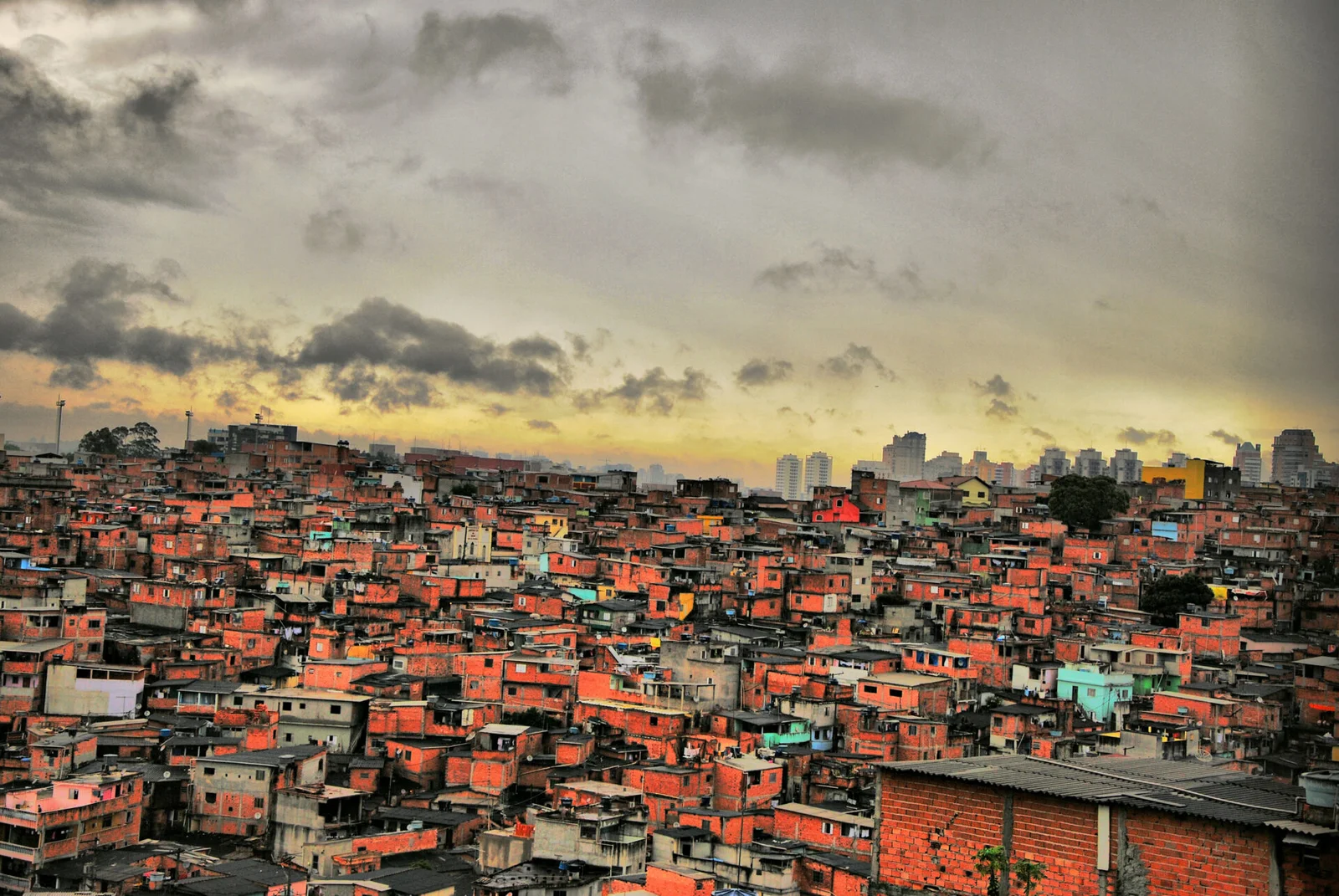 Casas de tijolo aparente da favela de Paraisópolis, em São Paulo, vistas do alto