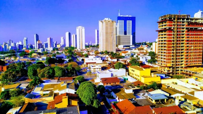 Prédios e arborização de Goiânia sob céu azul