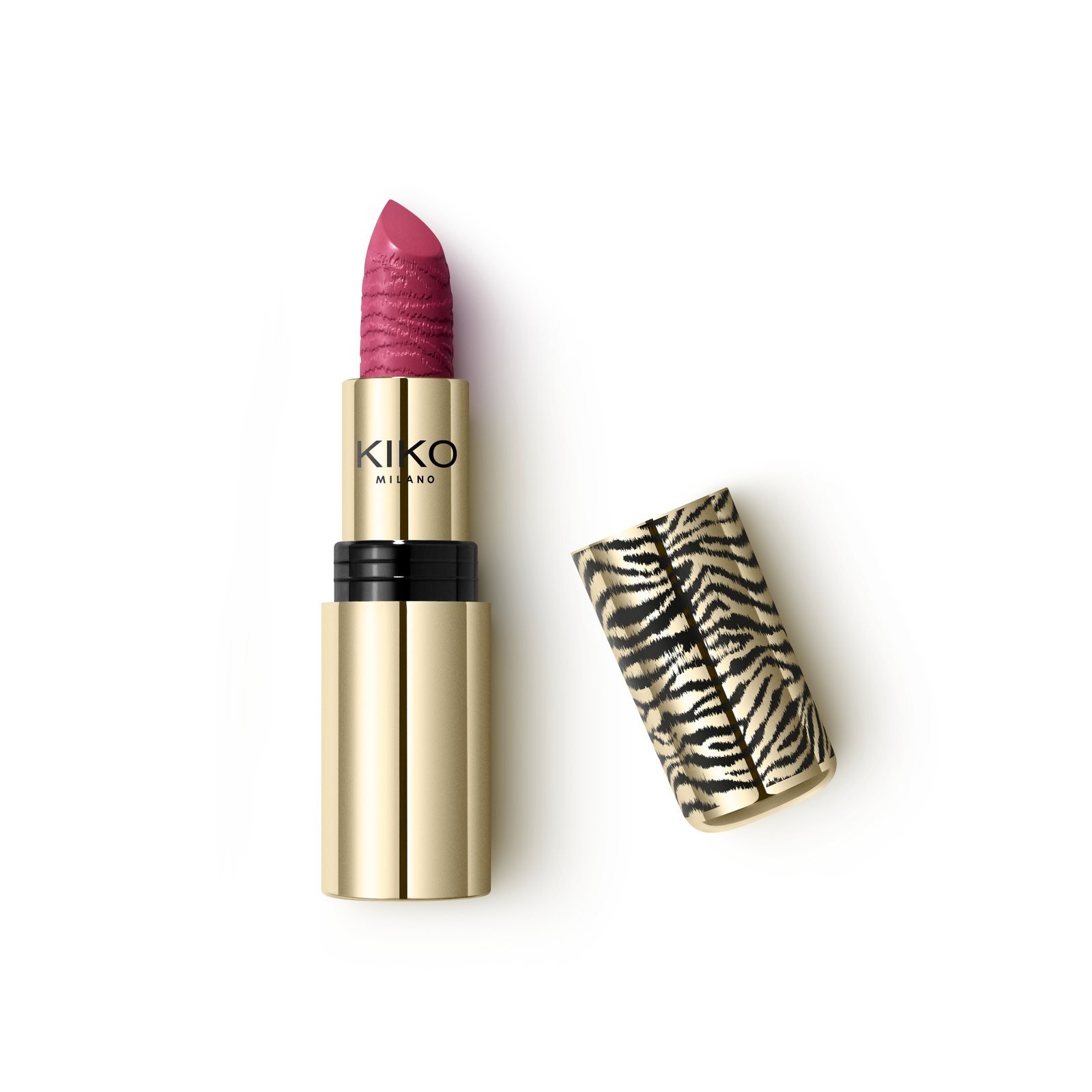 Batom Wild Kisser Lipstick SPF 30 em tom framboesa, tampa com estampa tigrada