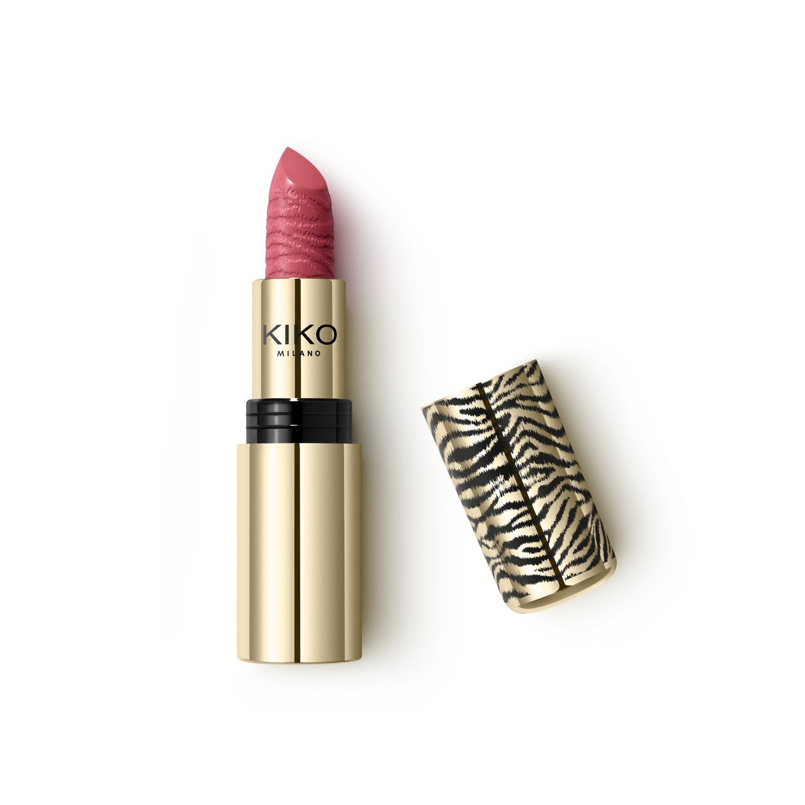 Batom Wild Kisser Lipstick SPF 30 em tom rosado, tampa com estampa tigrada