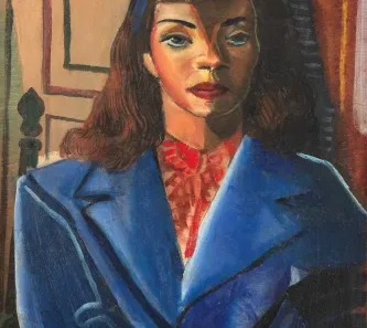 Retrato feminino a óleo: mulher de casaco azul e blusa vermelha