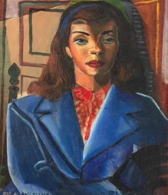 Retrato feminino a óleo: mulher de casaco azul e blusa vermelha