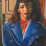 Retrato feminino a óleo: mulher de casaco azul e blusa vermelha