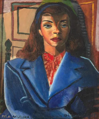 Retrato feminino a óleo: mulher de casaco azul e blusa vermelha