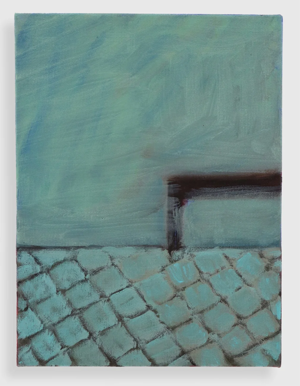 Pintura de Lilian Camelli: parede verde-água sobre piso de pedras, com a silhueta escura de um móvel à direita