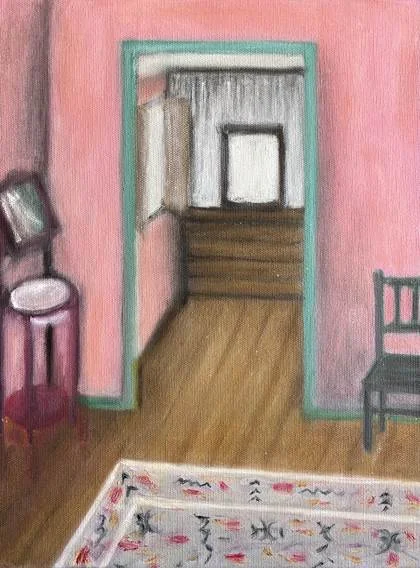 Pintura de Lilian Camelli: quarto de paredes rosa com porta aberta para outro cômodo, cadeira escura, lavatório e tapete estampado