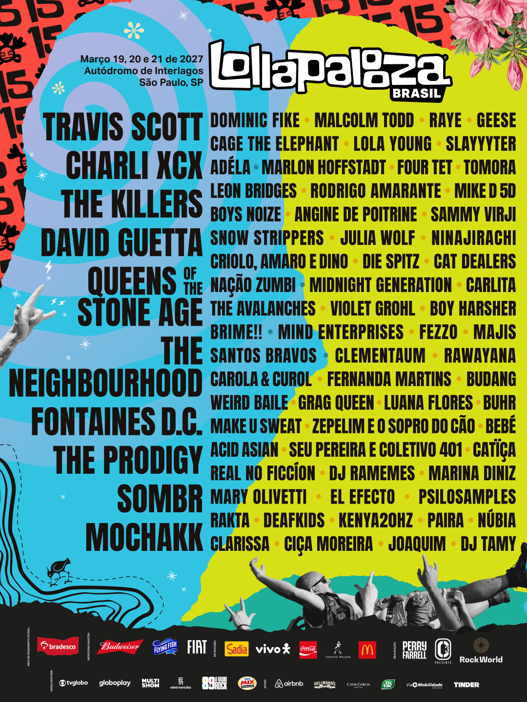 Cartaz oficial do Lollapalooza Brasil 2027, com o line-up completo, em Interlagos, 19, 20 e 21 de março