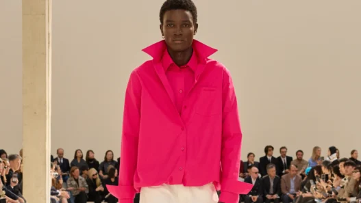 Camisa rosa oversized de gola alta com calça branca no desfile Balenciaga Verão 2027, Tennis Club de Paris
