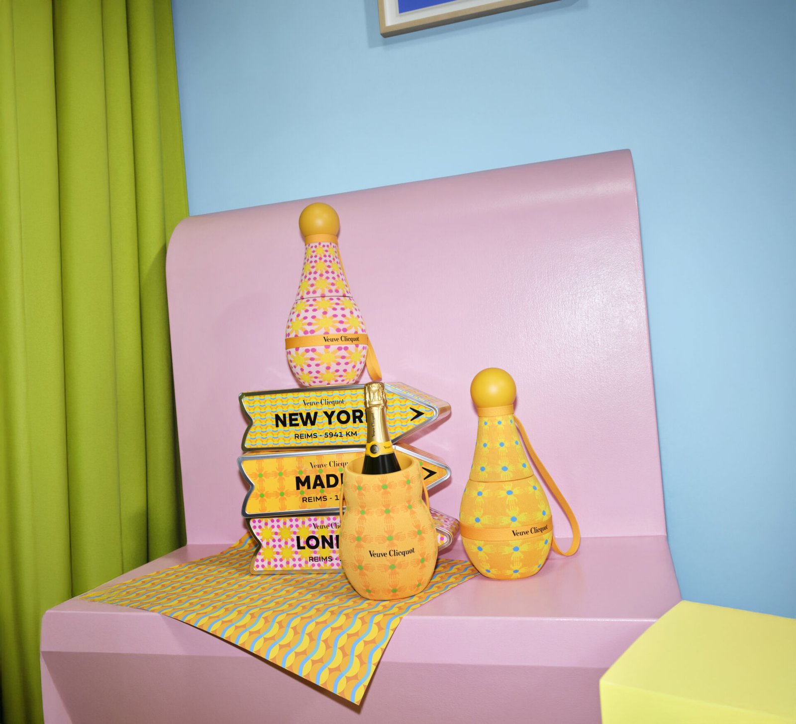 Coleção Chasing the Sun, de Yinka Ilori para a Veuve Clicquot, com Sun Holder, Sun Totem e Clicquot Arrow