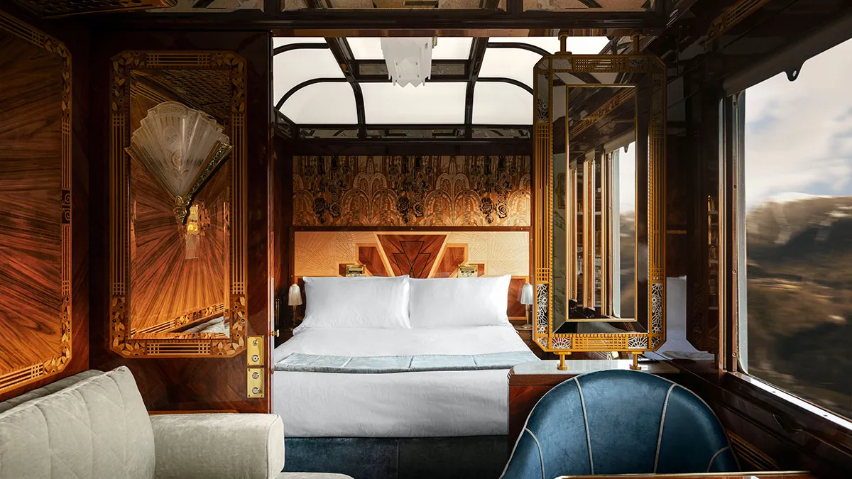 Suíte Grand Suite do Venice Simplon-Orient-Express decorada em estilo Art Déco