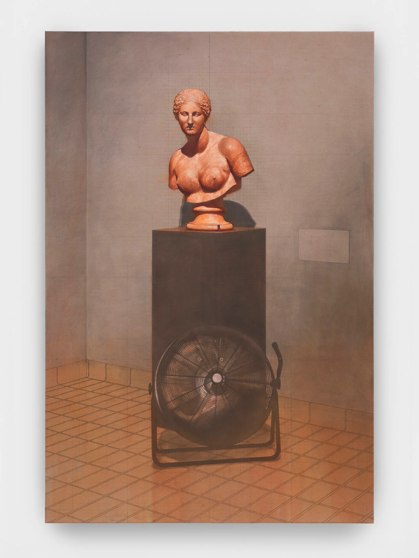 Pintura de Esteban Jefferson com busto antigo e equipamento industrial
