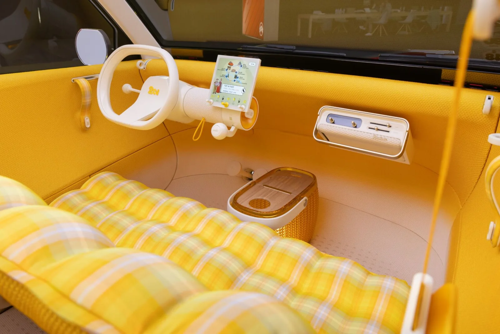 Interior do Citroën 2CV Concept com bancos estofados