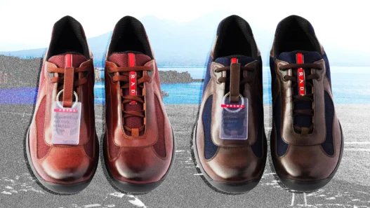 Tênis Prada America's Cup nas versões Teak/Blue e Cacao/Bordeaux