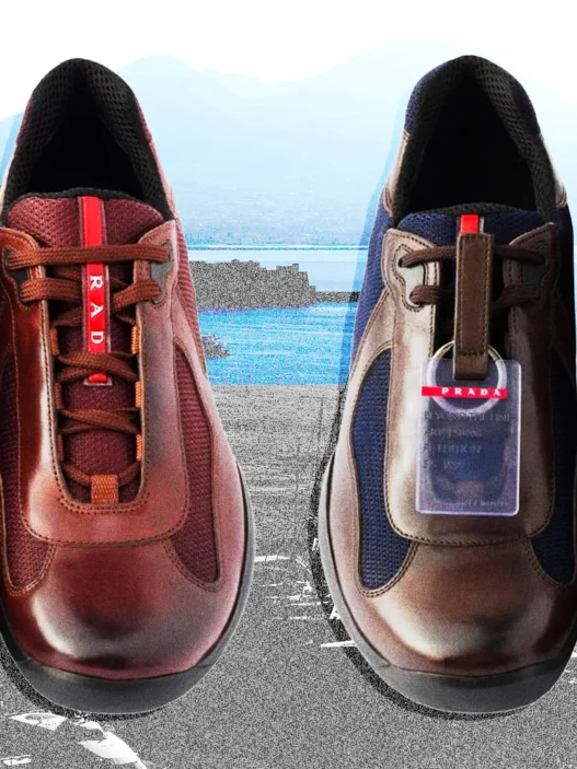 Tênis Prada America's Cup nas versões Teak/Blue e Cacao/Bordeaux