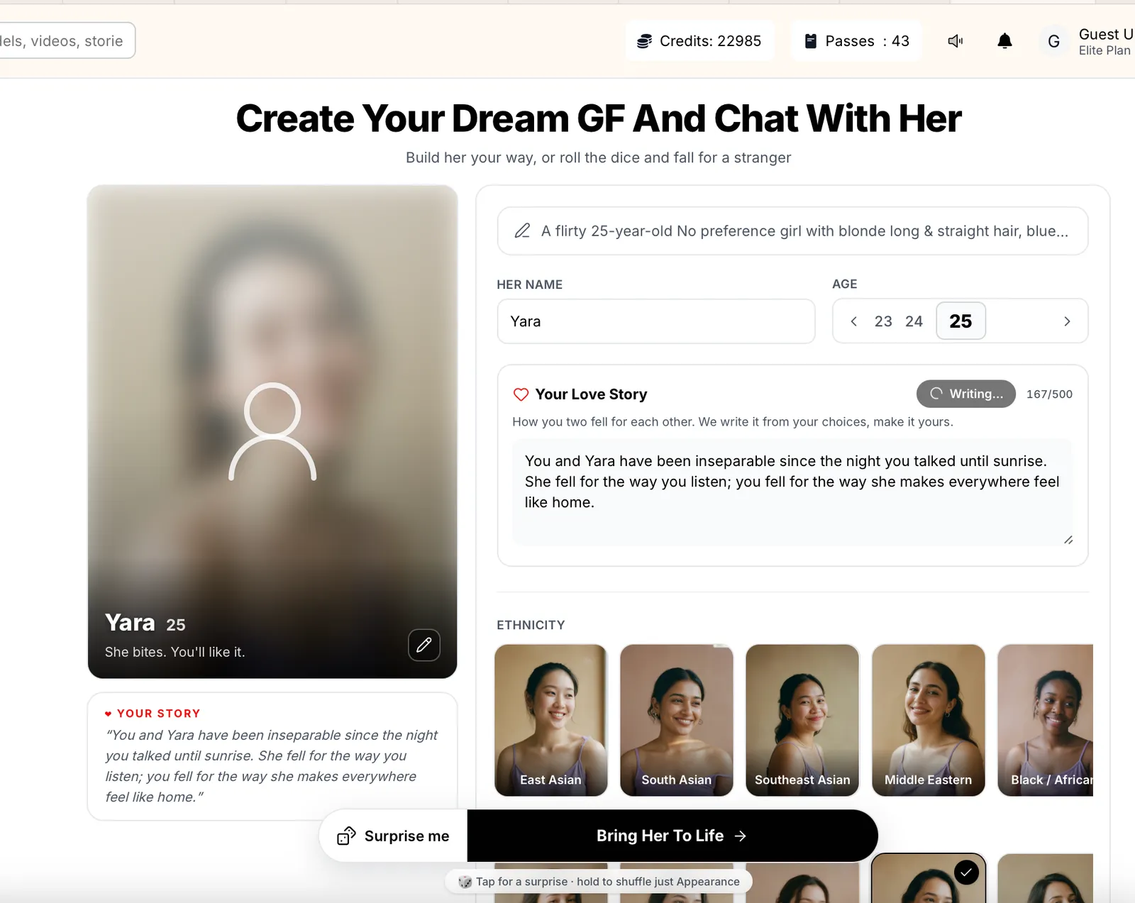 Interface de criação de personagem em site de namorada de inteligência artificial