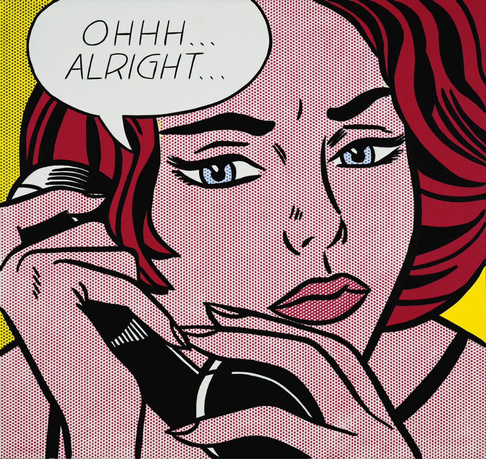 Pintura pop de Roy Lichtenstein com cena romântica estilizada