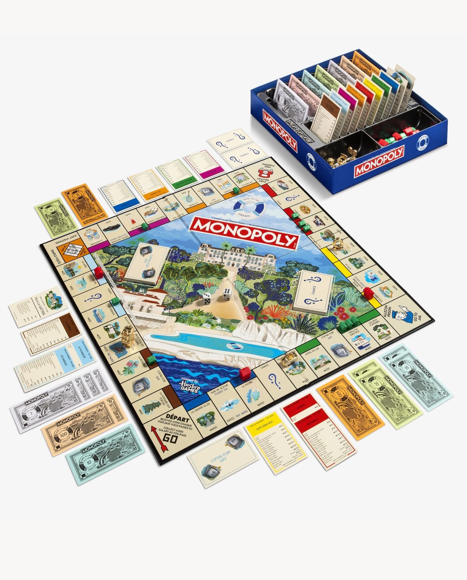 Detalhe de carta e peça da edição especial de Monopoly do hotel