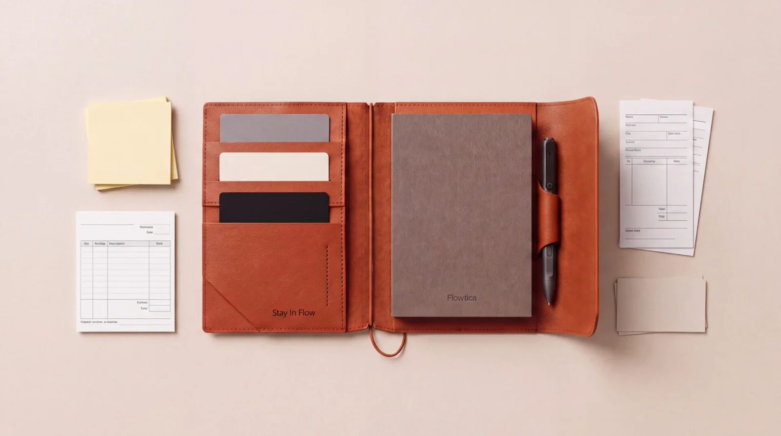 Caneta Flowtica Scribe sobre caderno Folio aberto